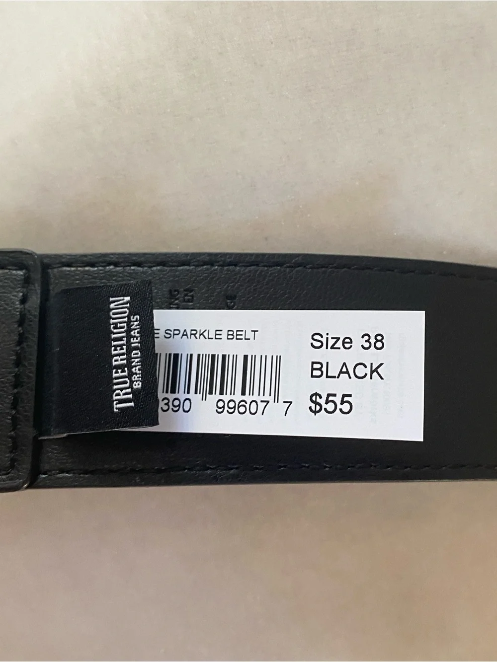 True Religion Black Leather Belt with Gold Crystal Horseshoe Buckle